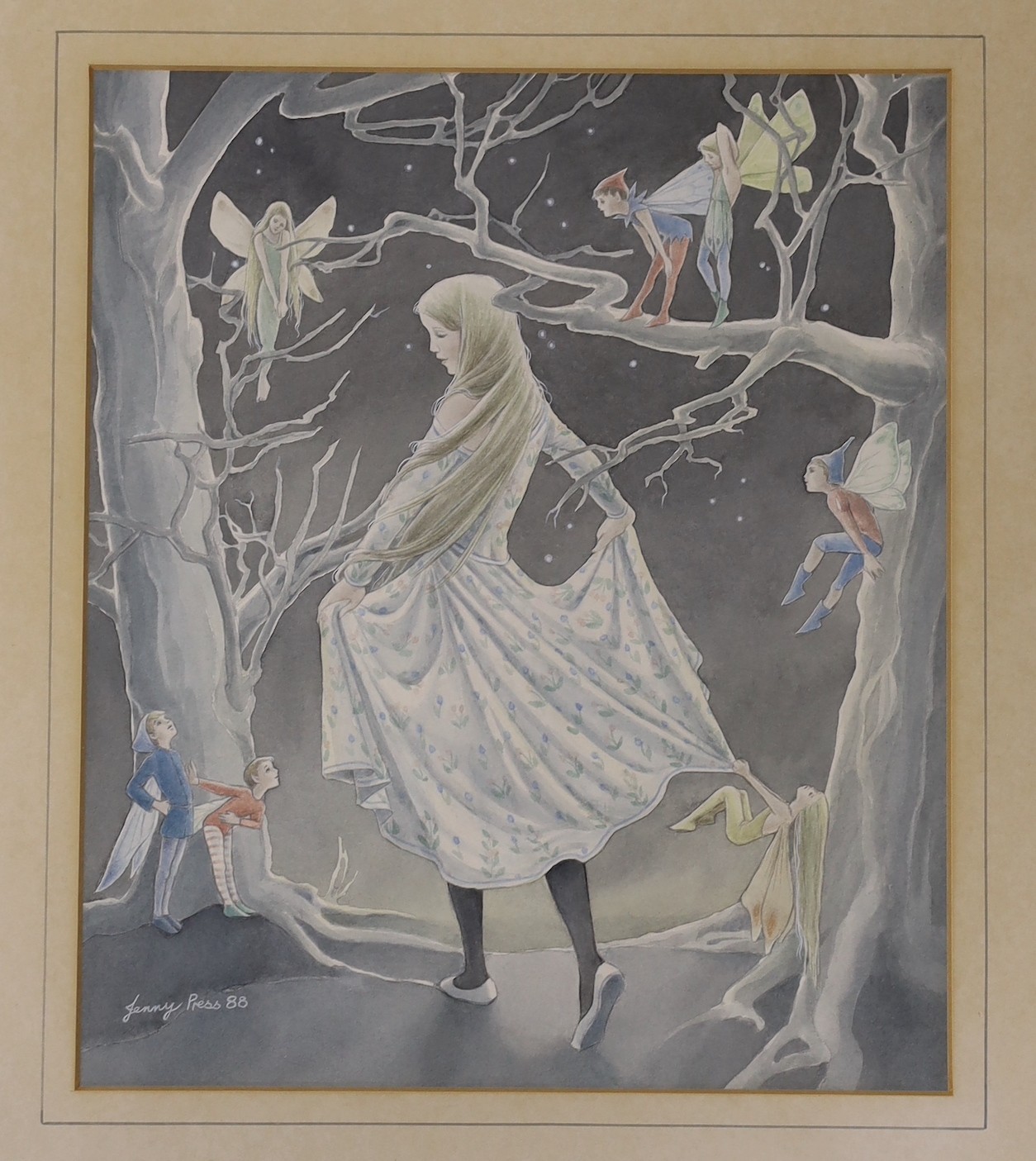 Jenny Press, watercolour, Girl and fairies in winter, signed and dated '88, 26 x 22cm